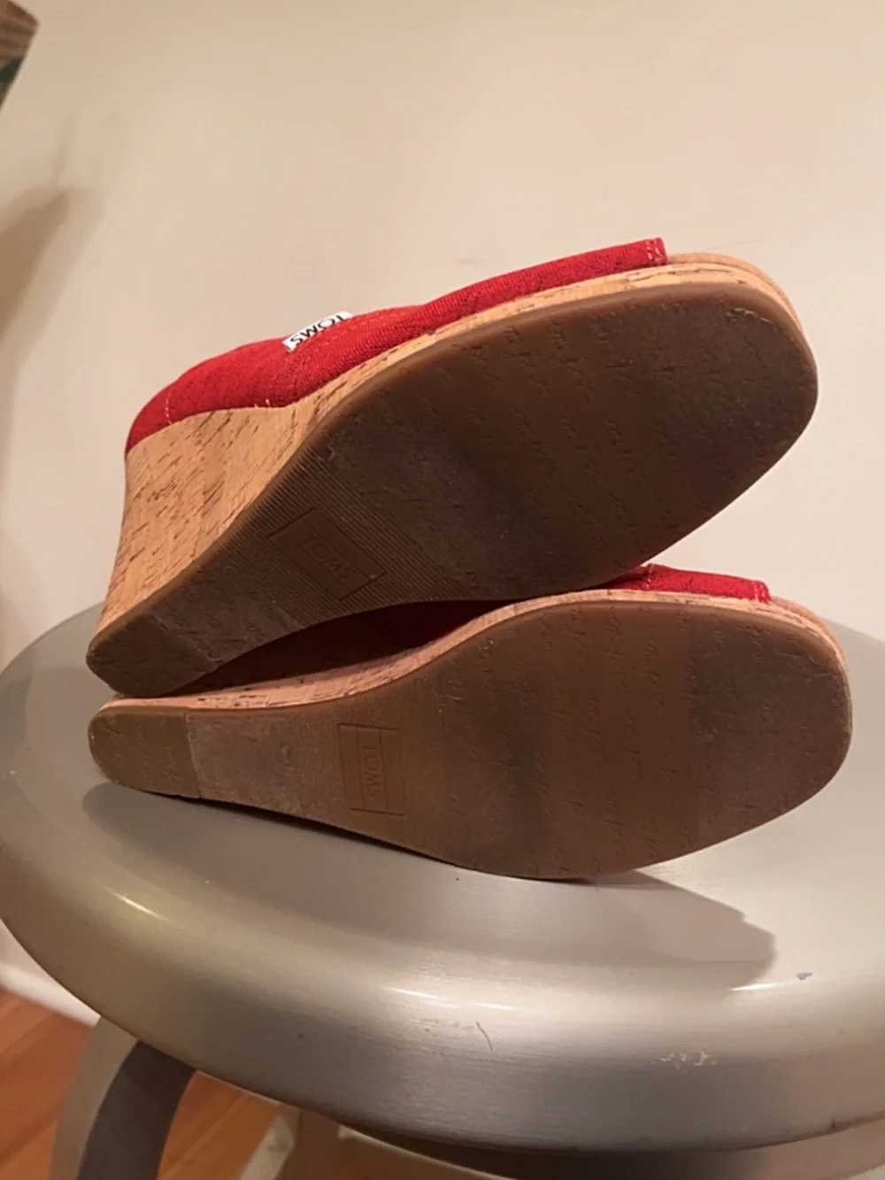TOMS Red Peep Toe Cork Wedge Heels Women’s Size 7
